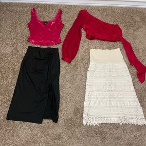 ALL 4pc Bundle Women’s Small Satin Tops Midi Pencil Skirts Mix & Match Outfits